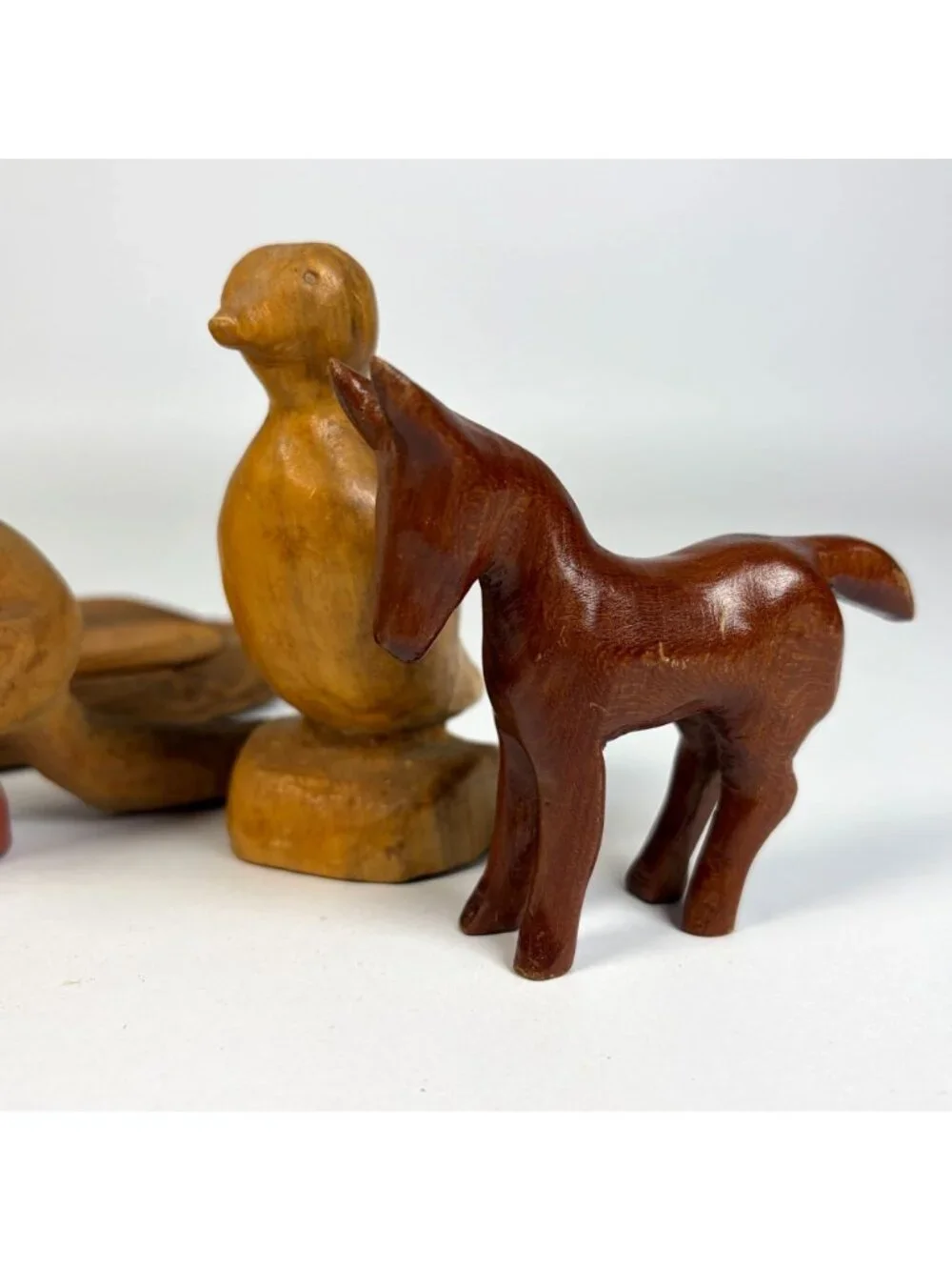 Lot of 4 Hand Carved Wooden Animal Figurines Beaver Horse Kangaroo Bird Rustic